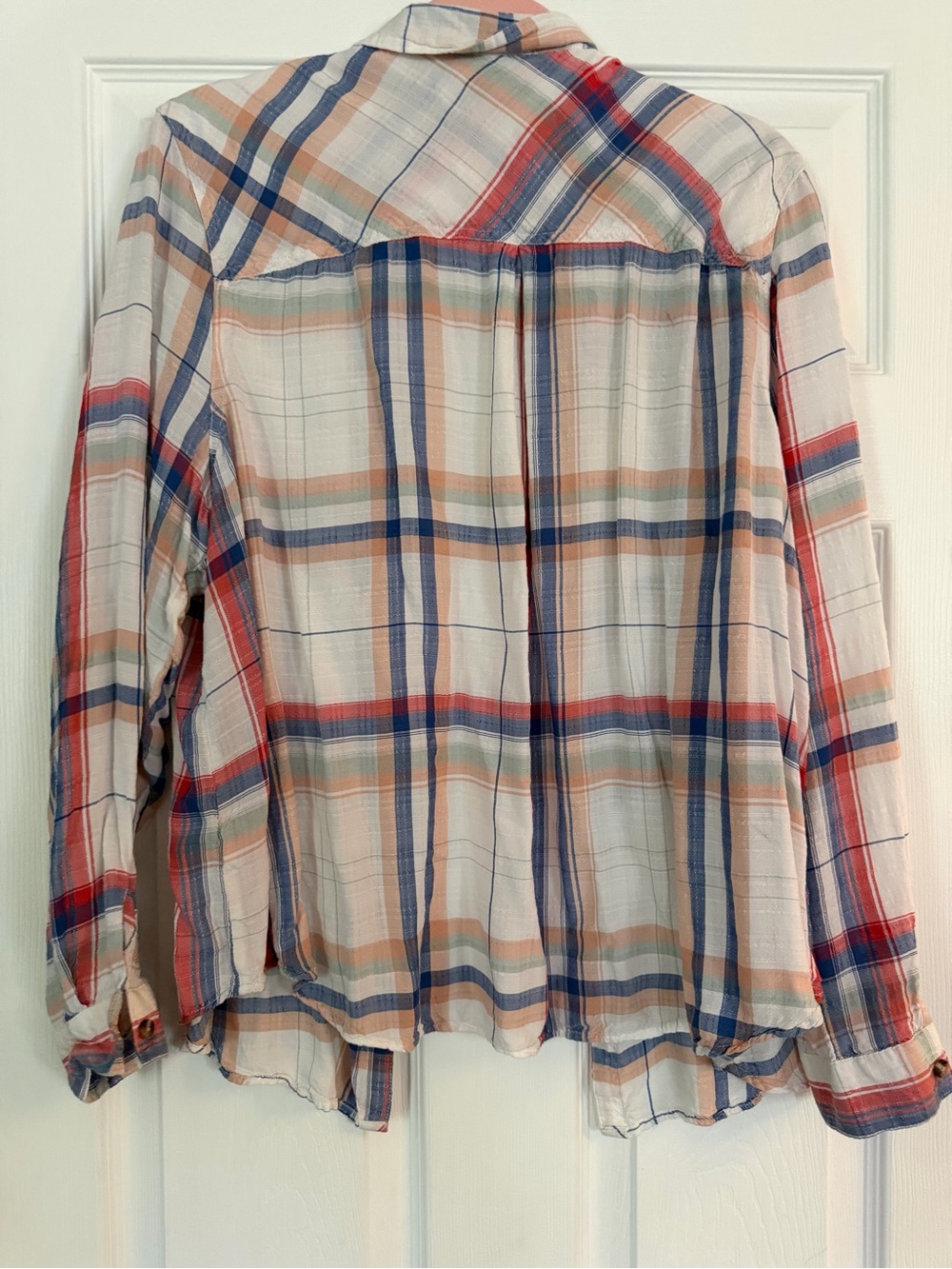 Maurices Plaid Relaxed Button-Up in Cream, Blue & Red - Picture 5 of 6